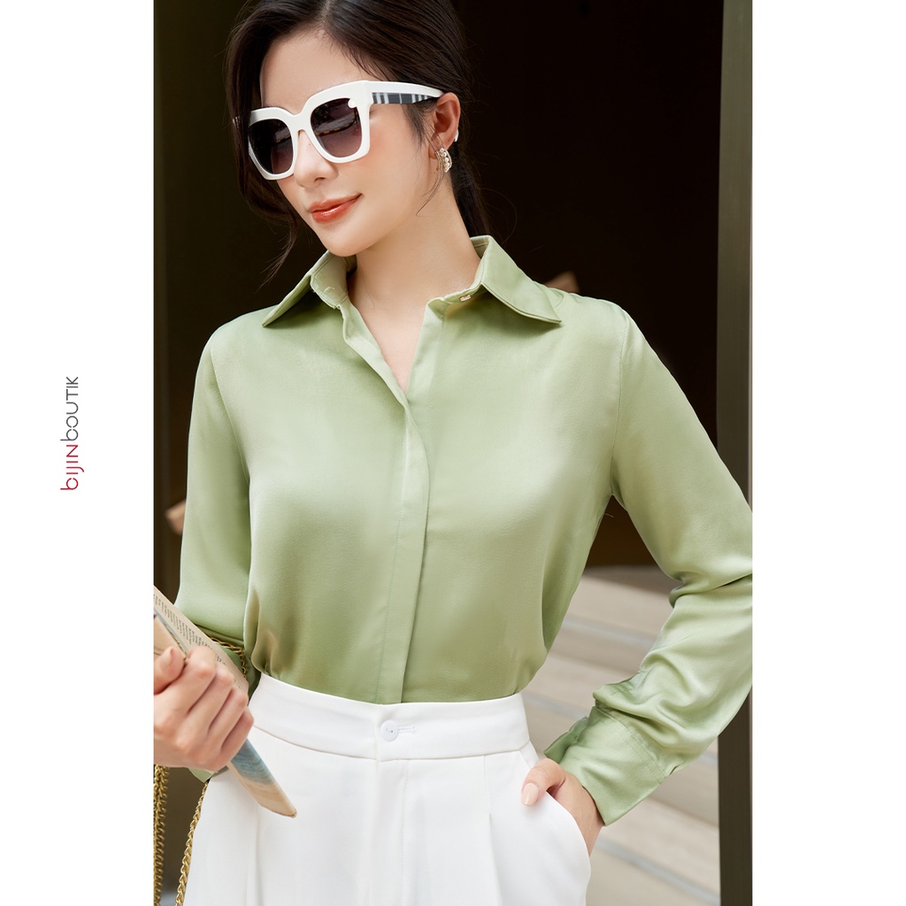 Áo sơ mi lụa nữ dài tay cổ đức dáng rộng giấu khuy thời trang công sở thanh lịch BIJIN BOUTIK