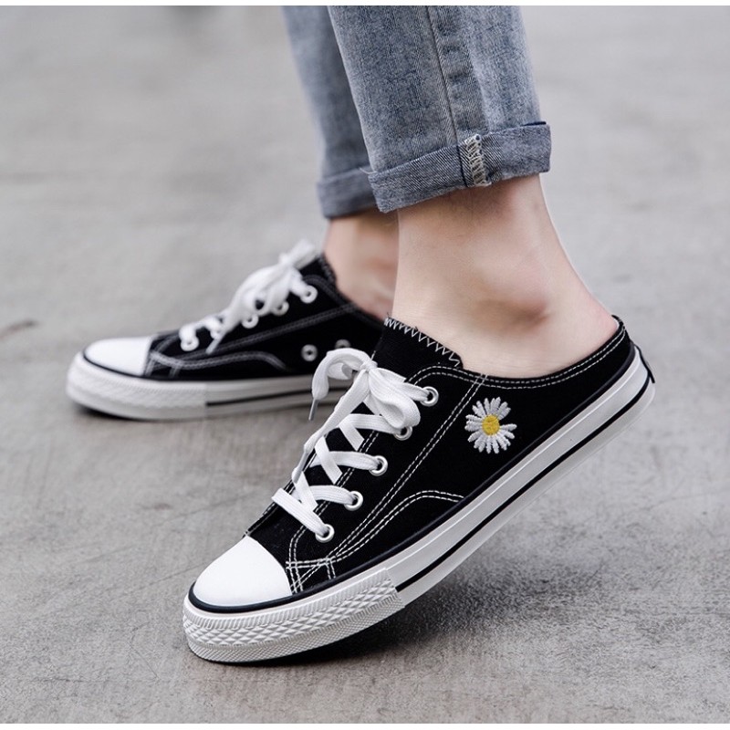 [Ảnh thật + video]Giày thể thao hoa cúc, giày sục mules độn đế 3cm