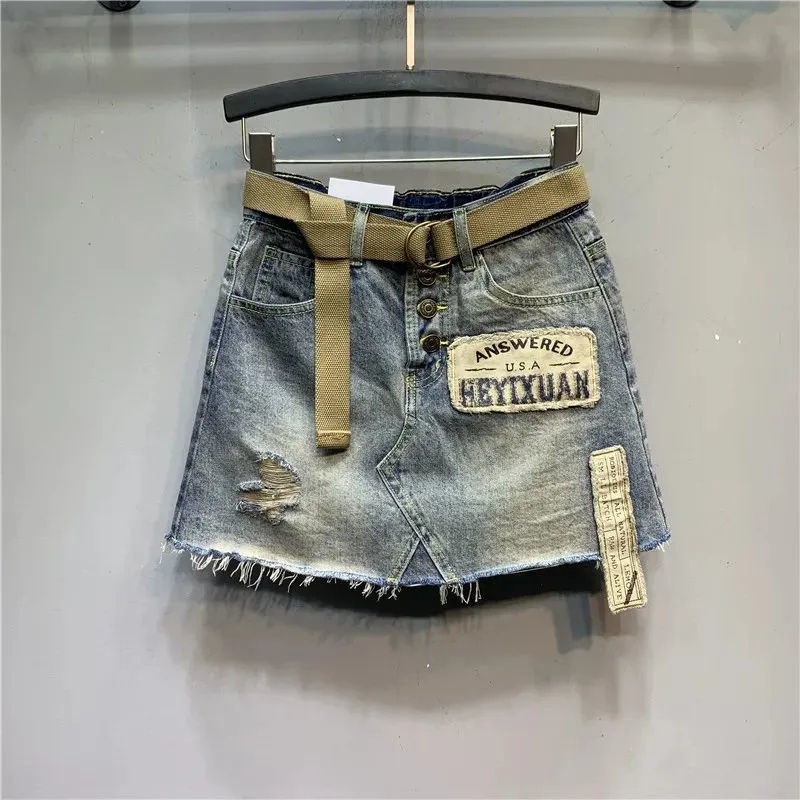 Jiashucheng Chân Váy Denim Chữ a Lưng Cao Rách Cá Tính Thời Trang Mùa Hè 2023 Phong Cách Mới
