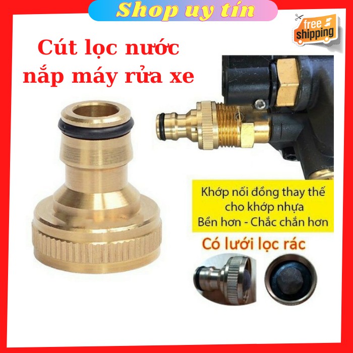 Cút lọc nước nắp máy rửa xe mini gia đình, Đầu Nước Vào Máy Rửa Gia Đình bằng Đồng có màng lọc cặn