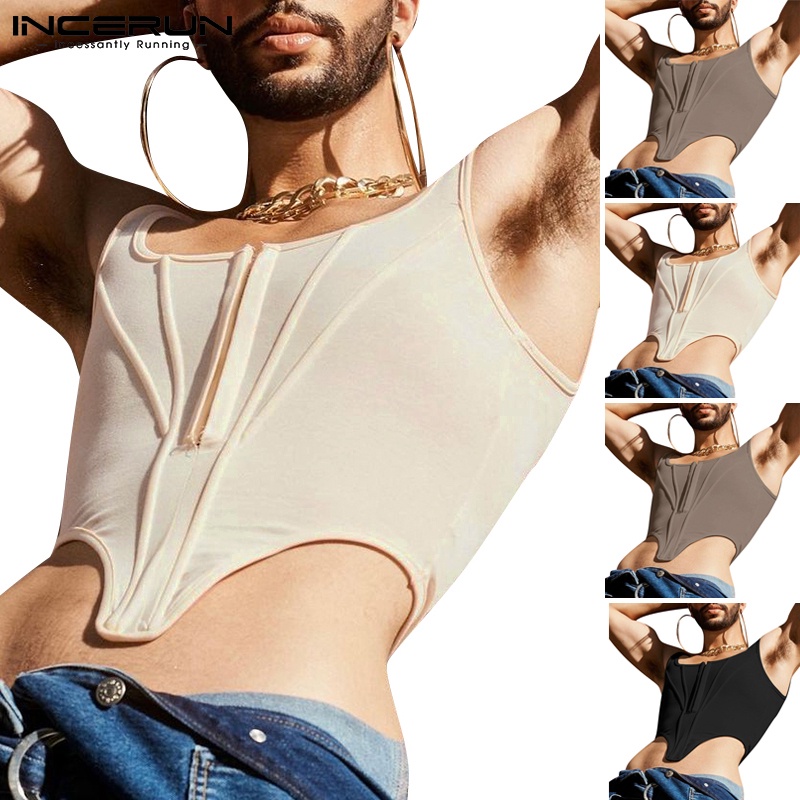 Áo croptop không tay INCERUN phối khóa kéo phong cách mùa hè dành cho nam giới