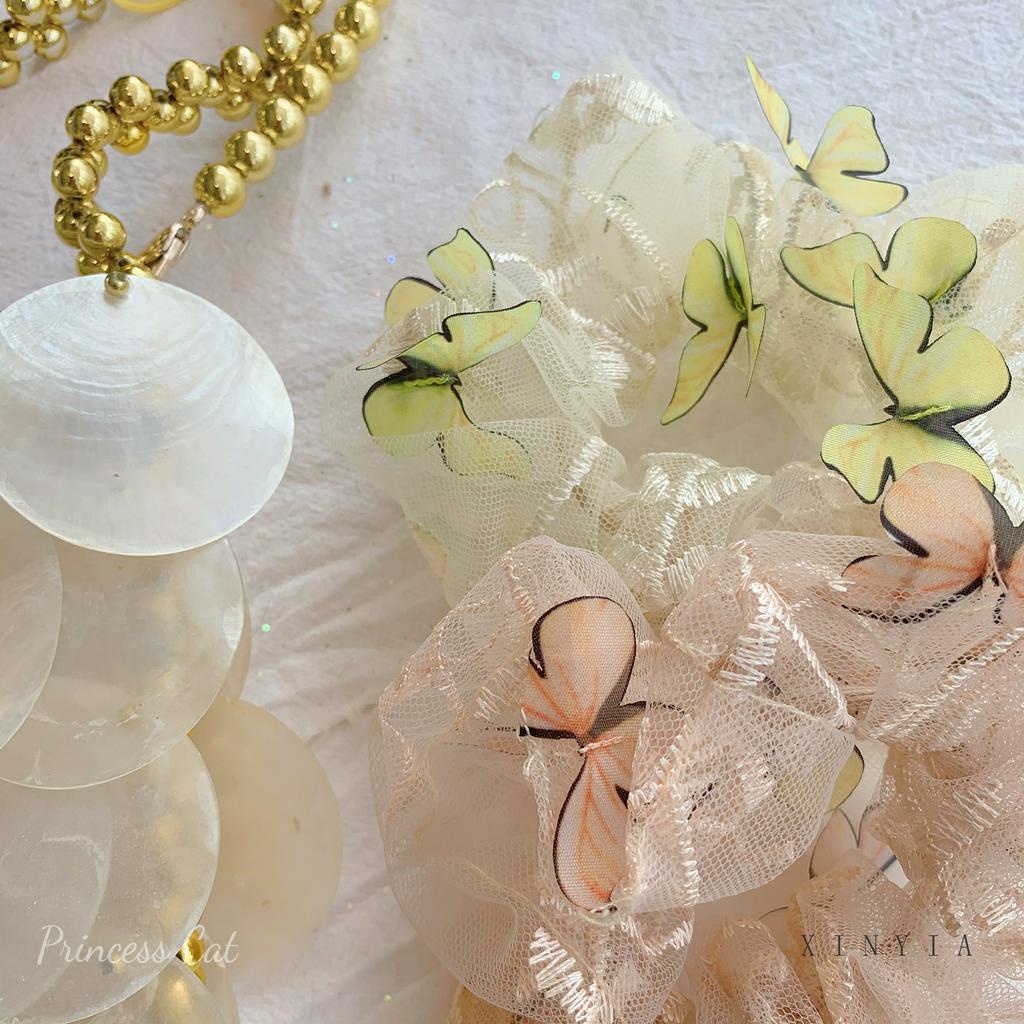 Dây buộc tóc co giãn phối vải lưới đính bướm nhiều màu sắc thời trang Hàn Quốc cho nữ