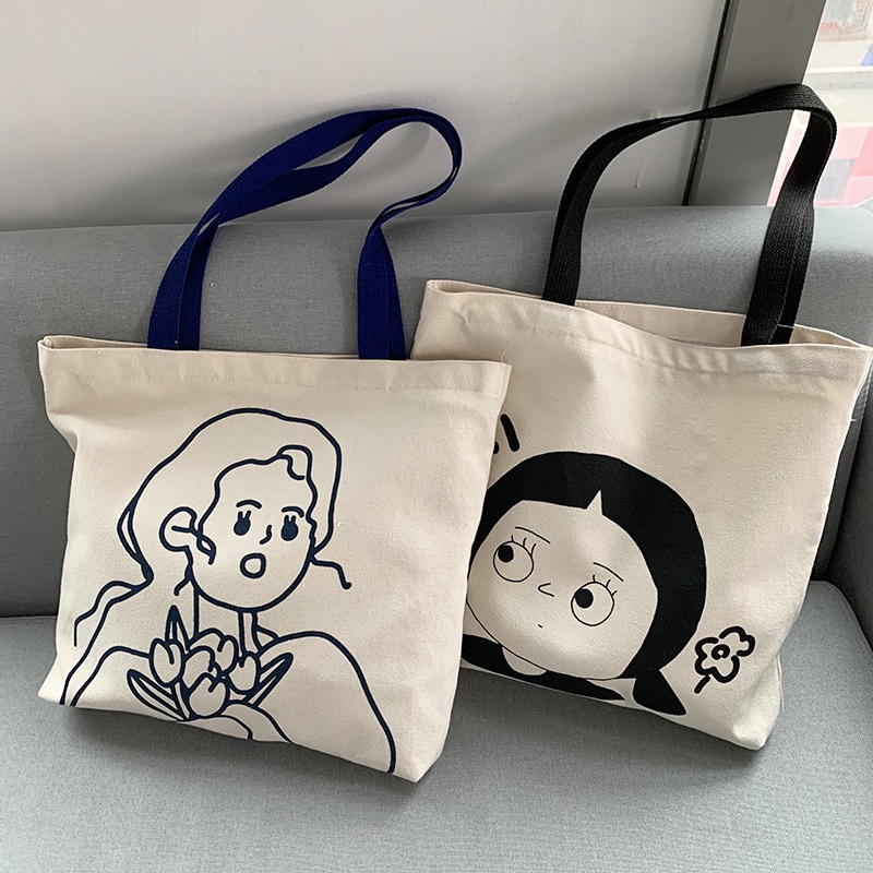 Túi xách nữ cỡ lớn bằng vải canvas in hình hoạt hình dễ thương phong cách Hàn Quốc