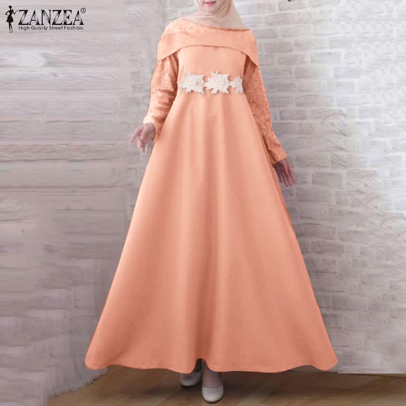Zanzea Đầm Nữ Dài Phối Ren Lưng Thun Phong Cách Hồi Giáo Thanh Lịch