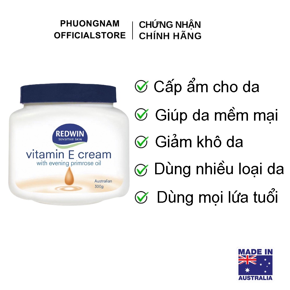 Kem dưỡng da (300g) vitamin E và tinh dầu hoa anh thảo giúp da mềm mịn, sáng bóng, căng mịn cho mọi lứa tuổi Redwin, Úc