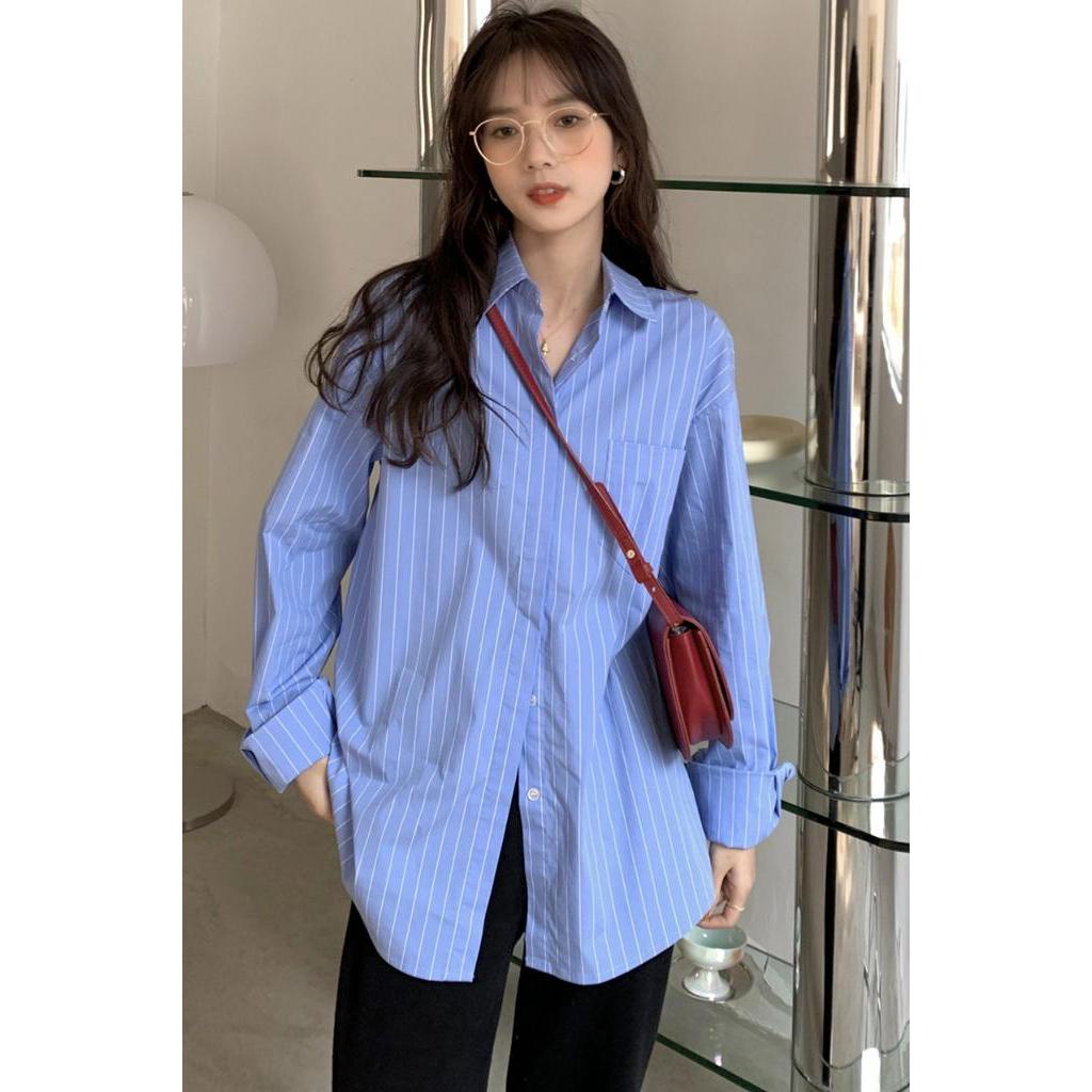 Áo sơ mi tay dài dáng rộng họa tiết kẻ sọc thời trang trẻ trung cho phái nữ