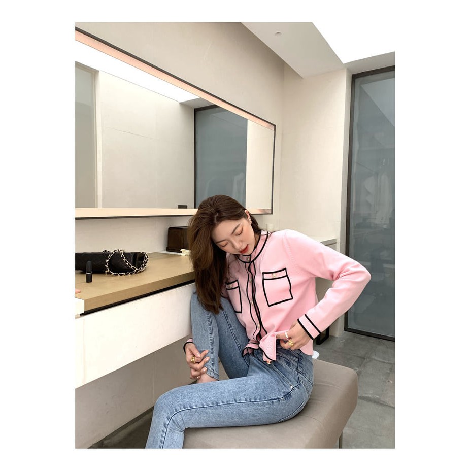 Áo khoác mỏng xuân hè cardigan viền đen tiểu thư dễ thương Jennie