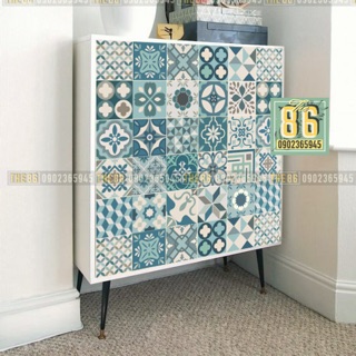 Decal gạch bông dán tủ xanh mint