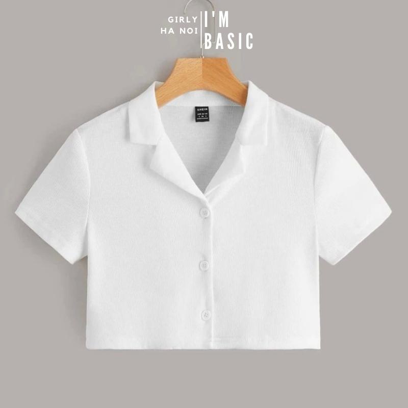 Áo Croptop Cổ Vest Màu Đen Polo Nữ Ngắn Tay Vải Thun Tăm Co Giãn Thoáng Mát Croptop ngắn tay Ulzzang I'm Basic