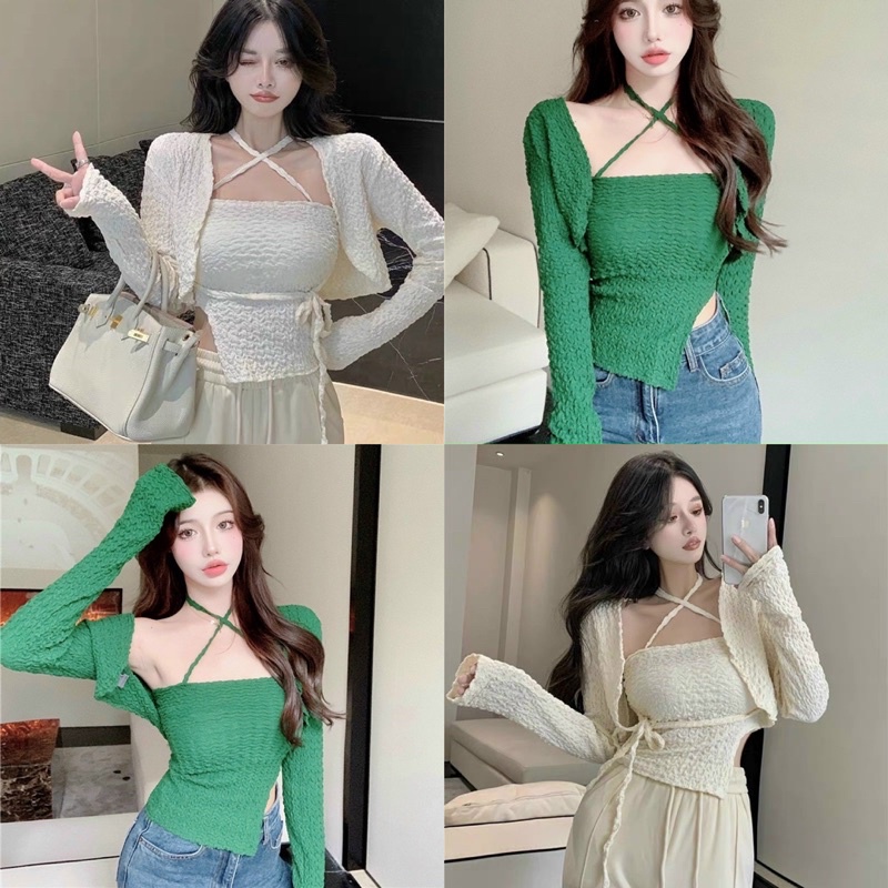 SET ÁO ỐNG DÂY CỔ YẾM KÈM KHOÁC