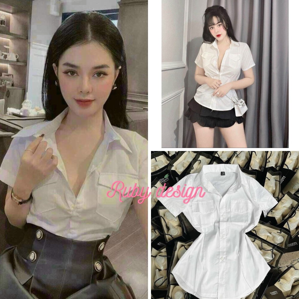Áo sơ mi kiểu nữ áo sơ mi nữ màu trắng 2 túi ngực tay ngắn vải thô đẹp đi học đi chơi đi làm Ruby design