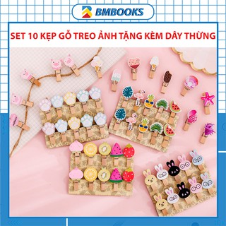 Kẹp gỗ treo ảnh kèm dây cói Polaroid xinh xắn dùng để decor nhà cửa góc học tập Bộ 10 chiếc BMBooks