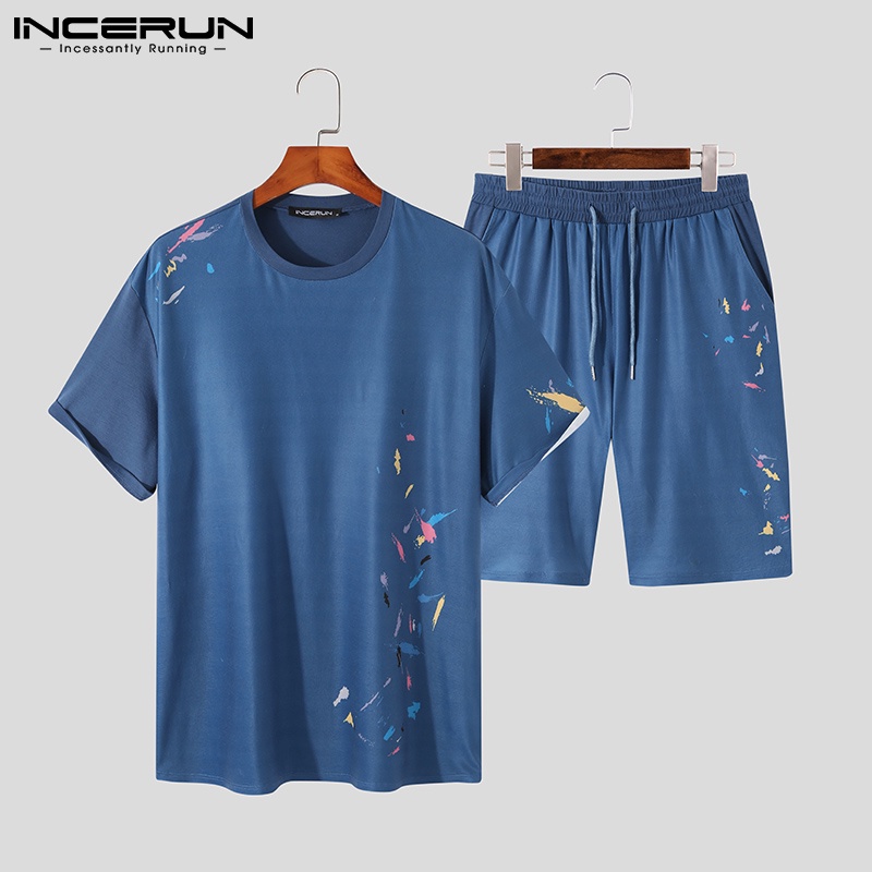 Bộ đồ thun nam INCERUN với áo và quần short dây rút in họa tiết thời trang mùa hè