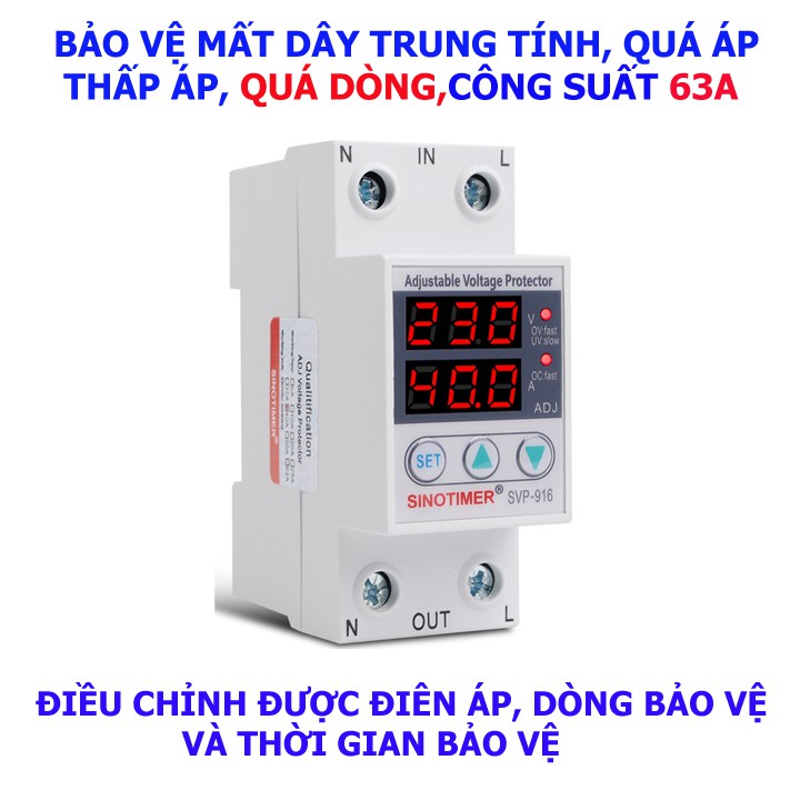Thiết bị bảo vệ quá áp thấp áp quá dòng mất dây trung tính SVP 916 công suất 63A