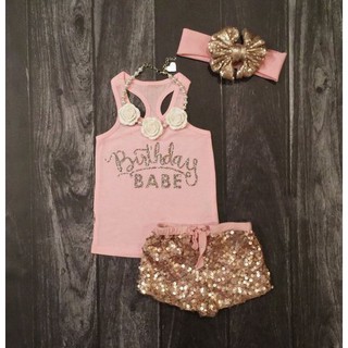 HGL♪Newborn Cute Baby Girls Cotton Tops Romper Sequin Pants Outfits 3Pcs Set Clothes