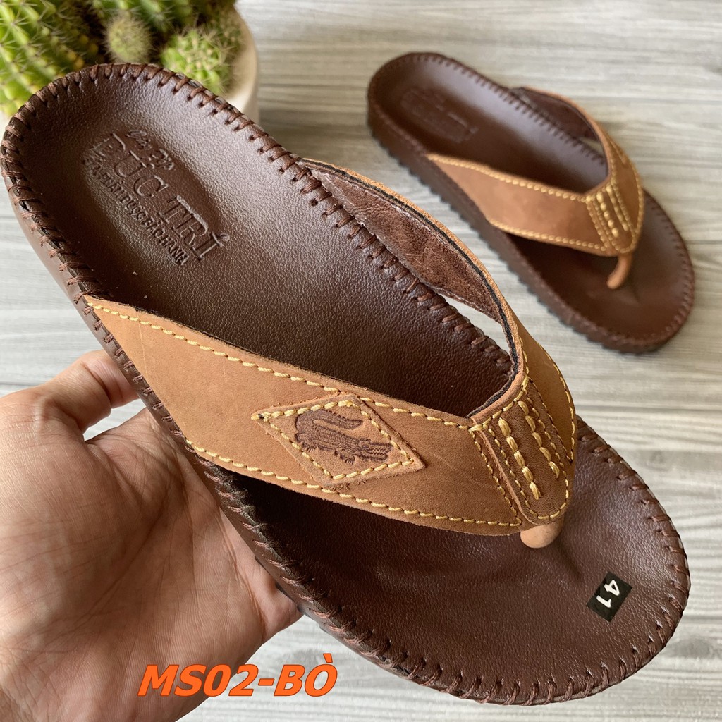 Dép Nam Da Bò Thật Xỏ Ngón May Viền Hàng VNXK MS02B