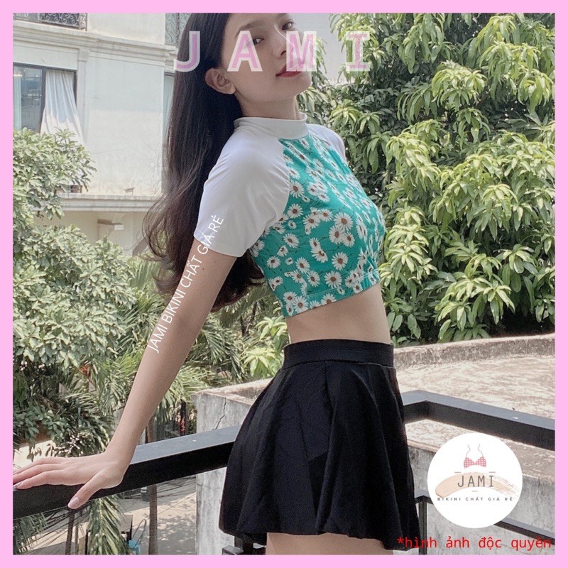 Đồ bơi bikini tay dài hoa cúc xanh ngọc váy cạp cao đi biển - ATD39 | BigBuy360 - bigbuy360.vn