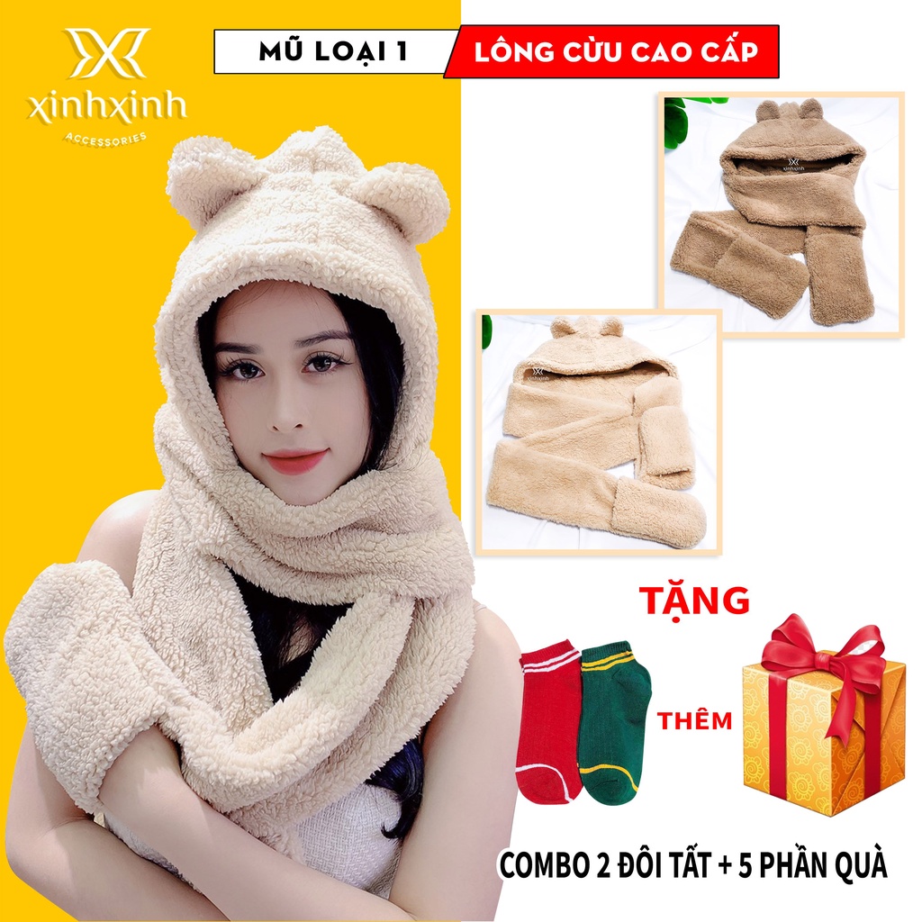 Mũ lông cừu tai gấu kèm khăn quàng cổ và găng tay ấm áp ulzzang Hàn Quốc cho nữ mùa thu đông - Xinh Xinh Accessories