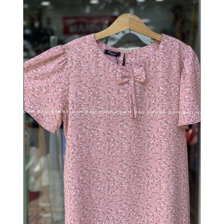 [HANNA] Đầm bầu công sở hoa nhí vải lụa mềm mát nhẹ không nhăn có size 80kg tay kiểu đặc biệt thoải mái cho bầu