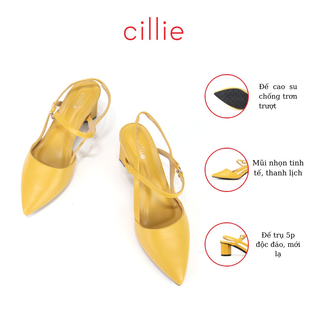 Giày sandal cao gót nữ mũi nhọn thanh lịch hở hậu ôm chân gót trụ 5cm quai thun êm mềm đi học đi làm đi chơi Cillie 1065