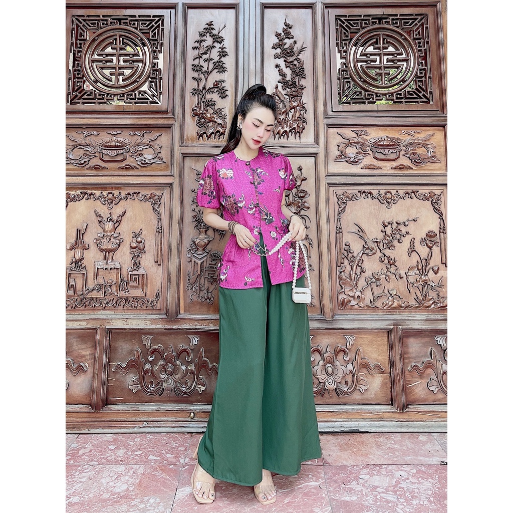 Set đồ Lam phật tử áo hoa gấm xước quần satin