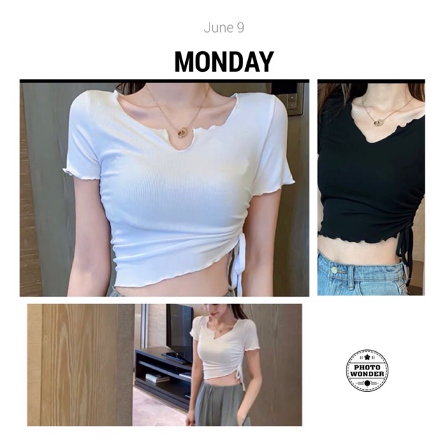 ÁO CROPTOP CUỘN BIÊN CỔ V RÚT EO( kèm ảnh thật)