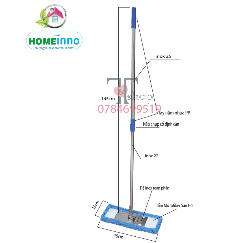 1 Cây Lau Nhà Bản Inox 45cm Homeinno Cán Rút + 3 Tấm Lau San Hô Thay Thế