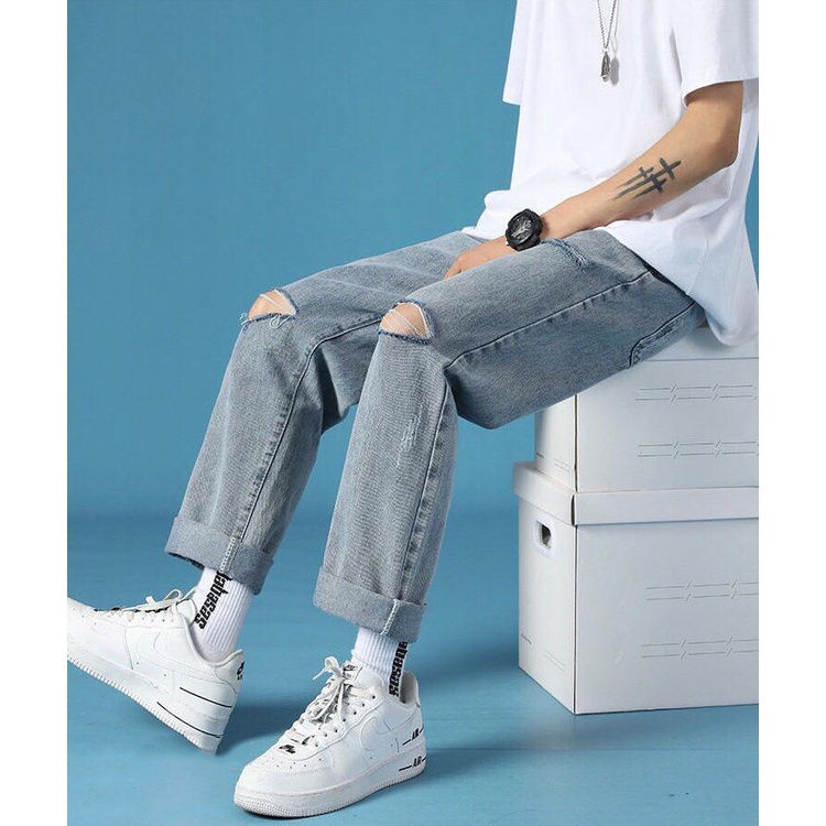 Quần Jeans Baggy Nam Đen Rách Gối Ống Rộng Dáng Đứng Suông 2STOREGLE Chất Vải Co Giãn Nhẹ Không Phai Màu