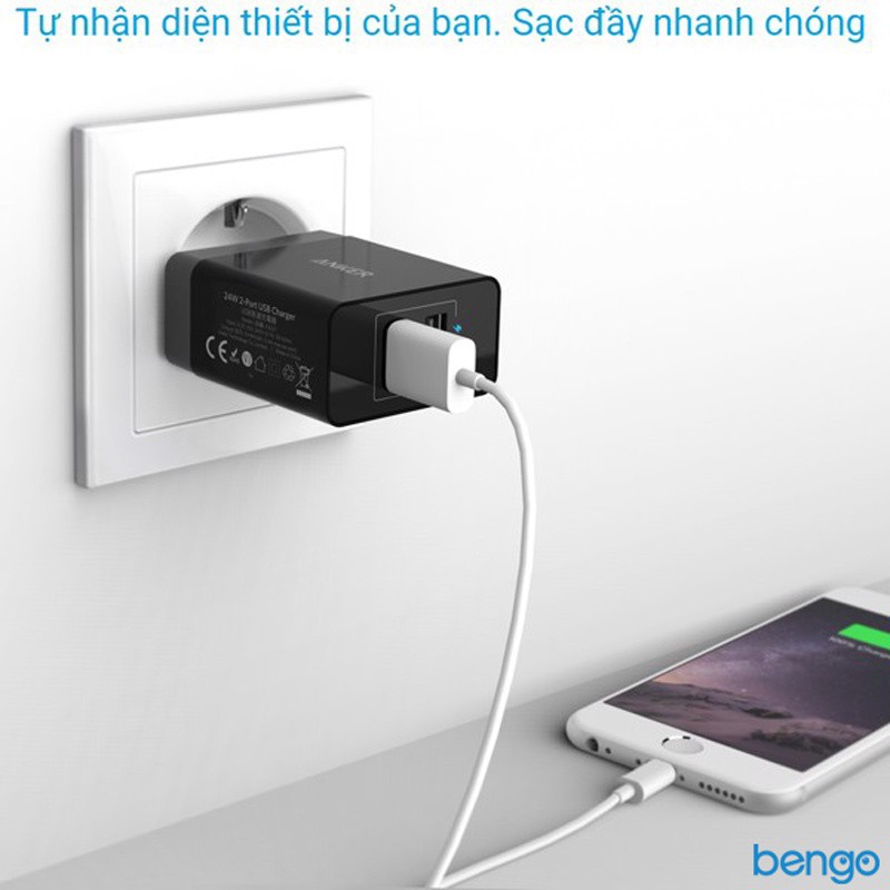 Sạc Anker 2 cổng 24w Quick Charge 3.0 và PowerIQ kèm cáp MicroUSB - Phụ Kiện Chi Hà