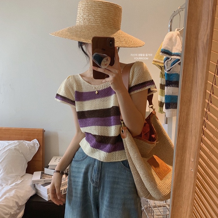 【ZHELIHANGFEI】Áo Thun Dệt Kim Tay Ngắn Dáng Rộng Kẻ Sọc Màu Sắc Tương Phản Độc Đáo