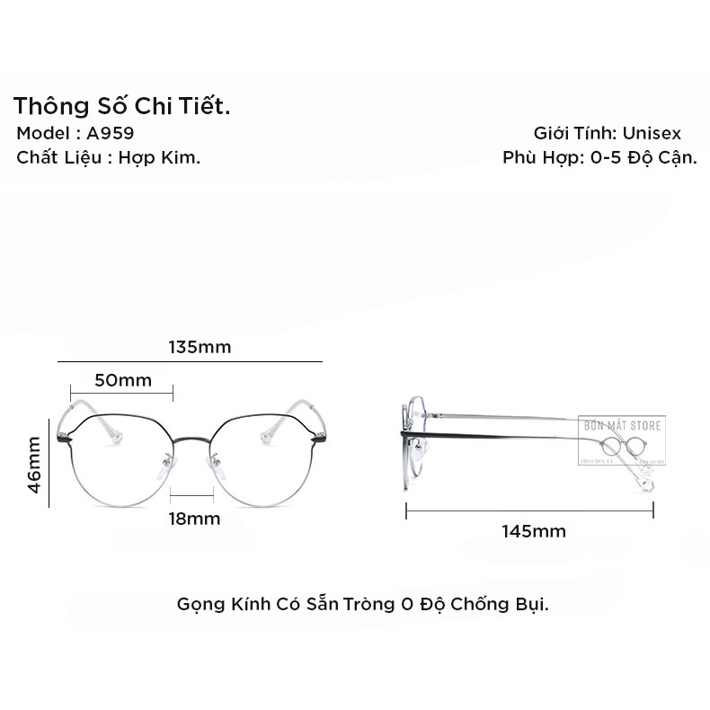 Gọng Kính Cận Kim Loại Cao Cấp Form Tròn A959