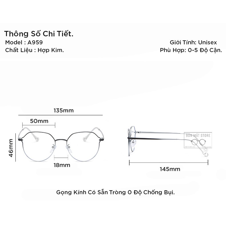 Gọng Kính Cận Kim Loại Cao Cấp Form Tròn A959 (Tặng Hộp Khăn)