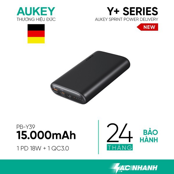 PIN SẠC AUKEY PB-Y39 15.000 MAH LÕI PIN TESLA, SẠC NHANH POWER DELIVERY 18W VÀ QUICK CHARGE 3.0 18W