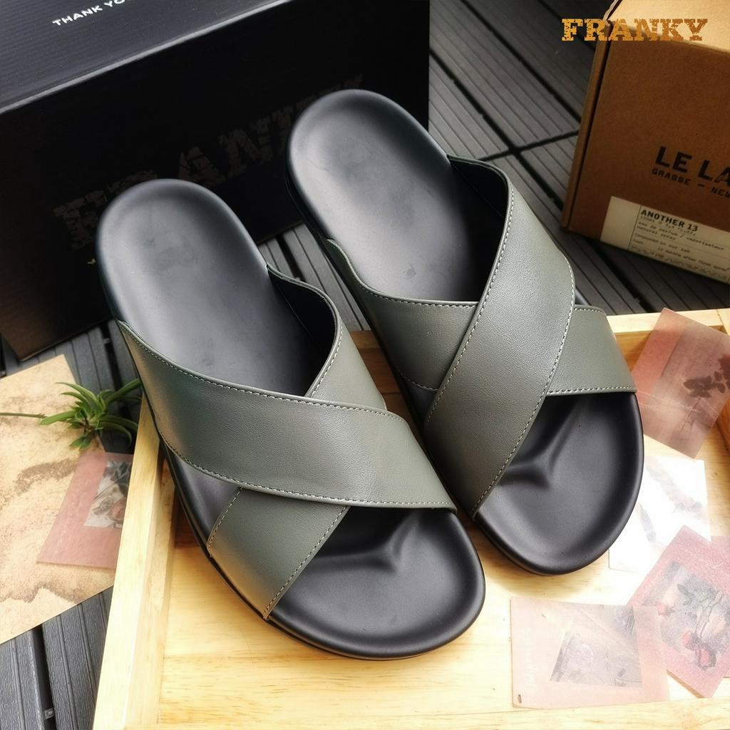 Dép Da Nam Franky Mark Slippers - Grey Quai Chéo Xám Trơn Đế Đúc Cao Su Chống Hăm Chân