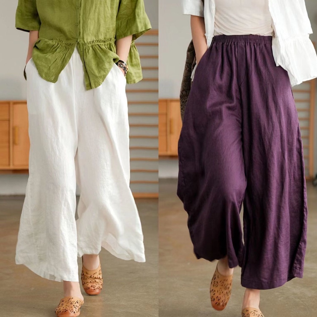 Quần culottes đũi dáng dài ống rộng dáng suông