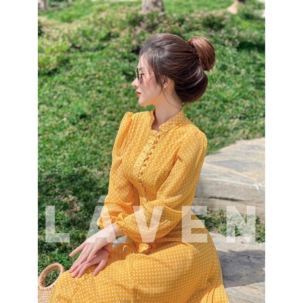 Đầm Váy Maxi Chấm Bi Tay Dài Phối Nút Cài Duyên Dáng Hàng Cao Cấp