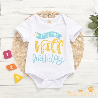 Perfectly-wh Bộ áo liền quần in chữ cho bé sơ sinh, áo liền quần ngắn tay cổ chữ O cho bé trai bé gái mới biết đi nửa sinh nhật
