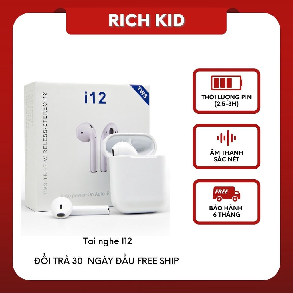 Tai nghe Bluetooth i12 TWS 5.0 tai nghe không dây i12 bản Quốc tế âm thanh chuẩn HIFI