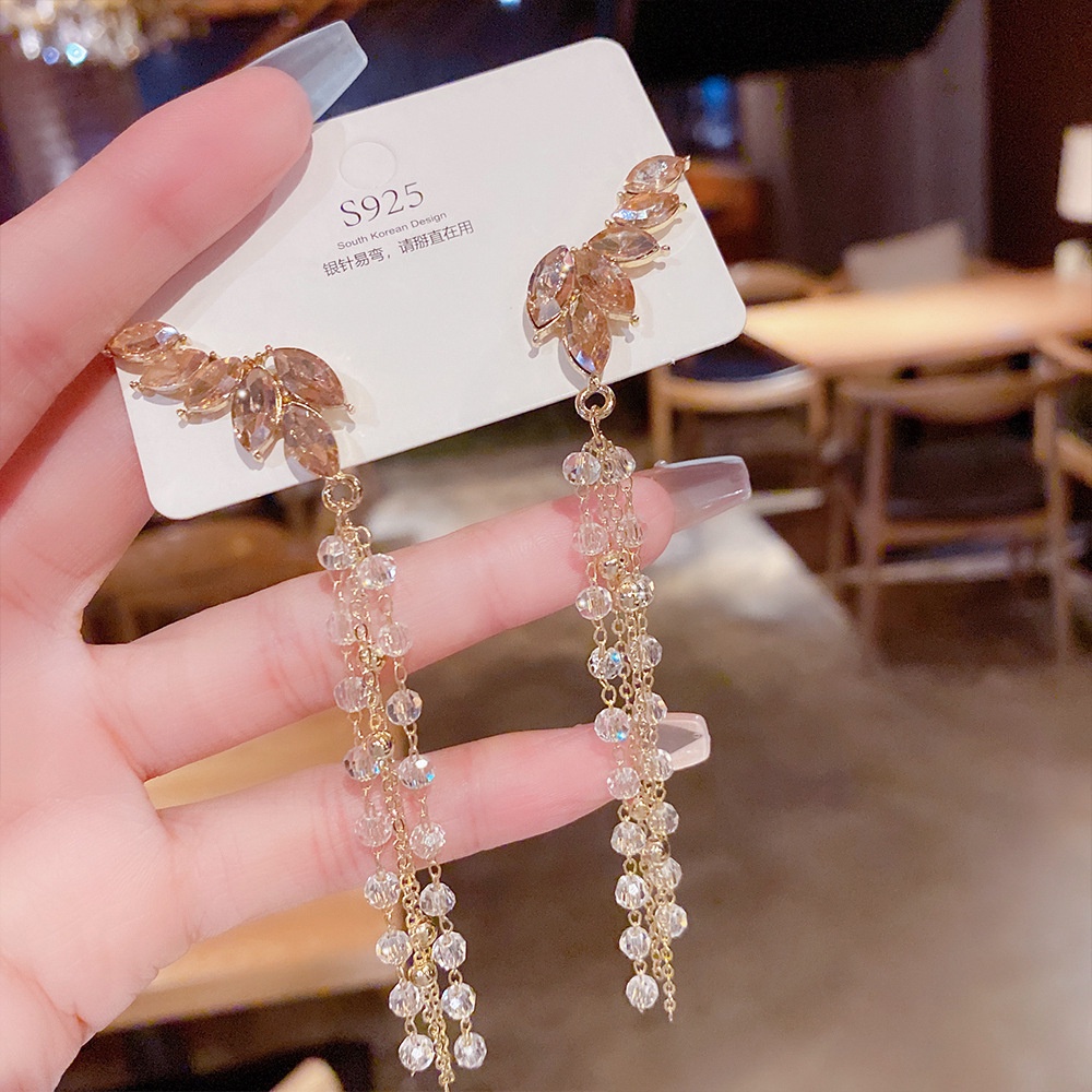 Khuyên Tai Bạc 925 Dáng Dài Hình Cánh Đính Đá Pha Lê Thời Trang Phong Cách Hàn Quốc Cho Nữ