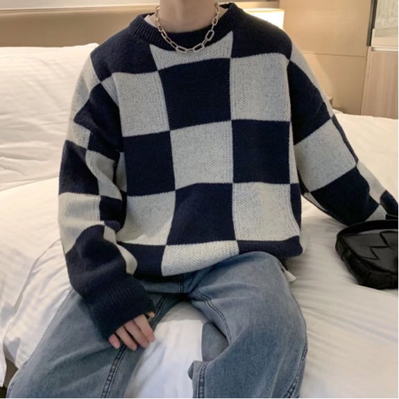 Áo Sweater Cổ Tròn Dáng Rộng Họa Tiết Sọc Caro Thời Trang Cho Nam simple áo thun nam tay dài Hàn Quốc áo thun nam đẹp dài tay fashion áo thun tay lỡ form rộng