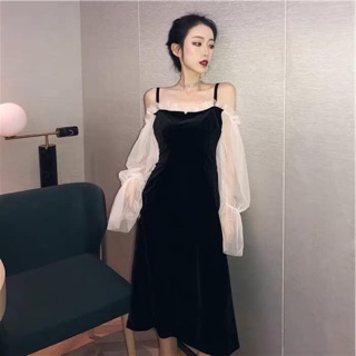 Váy trễ vai nhung tay phối lưới