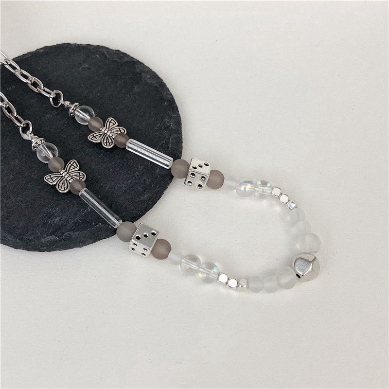 Dây chuyền chuỗi hạt tròn mặt hình bướm màu trong mờ thời trang dành nam và nữ