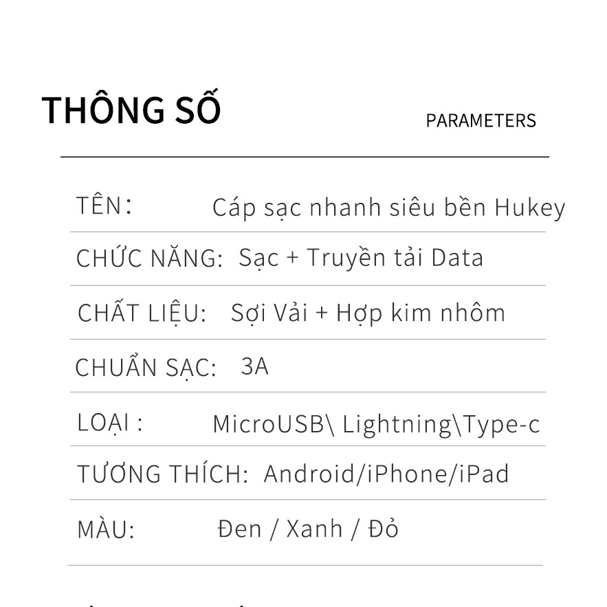 Cáp sạc nhanh siêu bền Hukey L12 , siêu chắc cho điện thoại Samsung, Huawei, Oppo Iphone