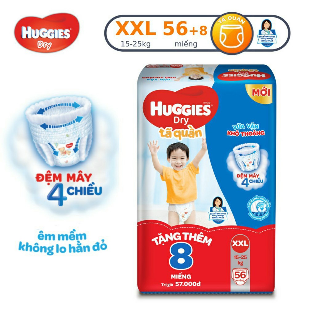 Tã quần HUGGIES DRY PANTS SUPER JUMBO M 74+8 , L68+8 , XL 62+8 , XXL56+8