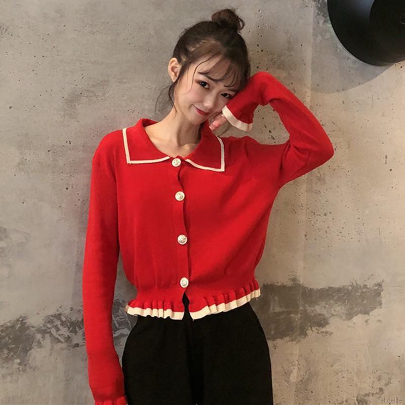 Áo cardigan có hàng nút đơn phối nhún bèo màu sắc thời trang