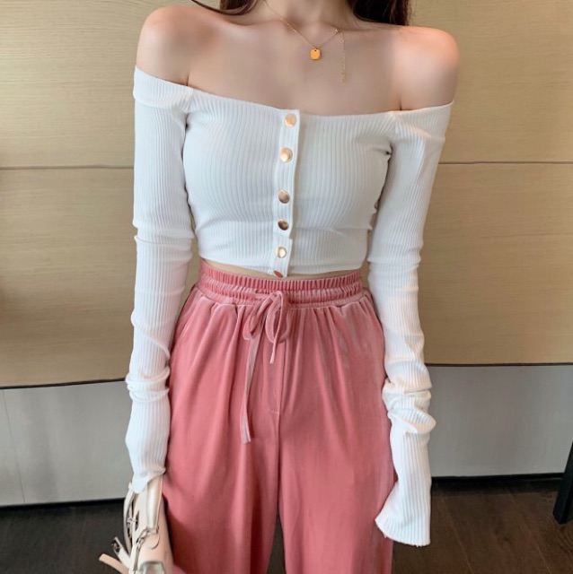 Áo croptop len trễ vai dài tay Ulzzang