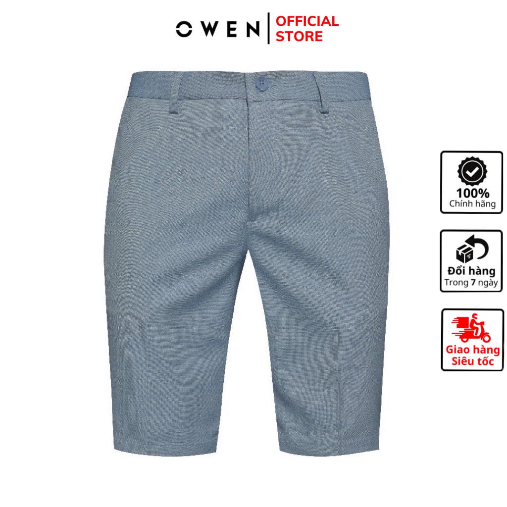Quần short tây nam OWEN SW220229 sooc ngố đùi âu màu xanh slub vải polyester cao cấp mềm mát dáng trendy ôm vừa