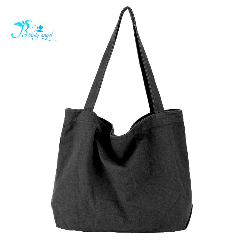 Canvas Handbag Simple Men's Large-Capacity Cotton Tote Bag Women's Reusable Shopping Bag (Black)