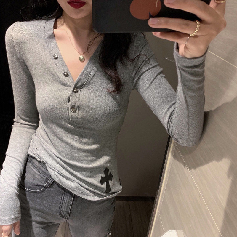 Áo kiểu COZOKC tay dài cổ chữ V màu trơn dễ phối đồ hợp thời trang