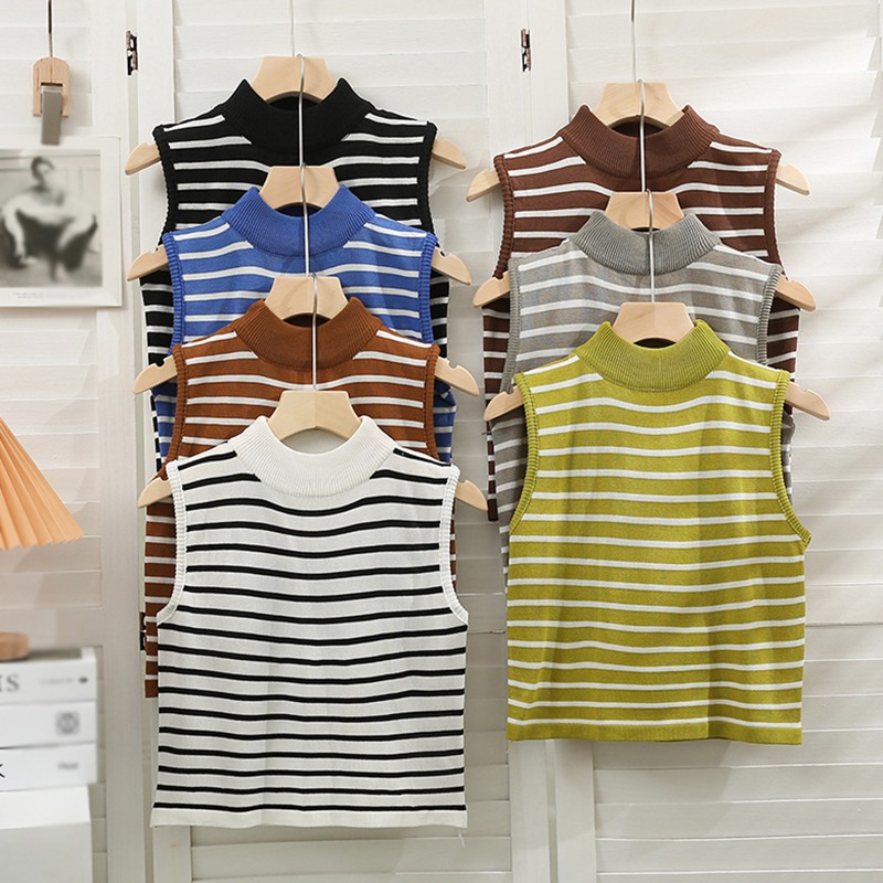 Áo Lửng Hai Dây Dệt Kim Kẻ Sọc Phong Cách Hàn Quốc Cho Nữ